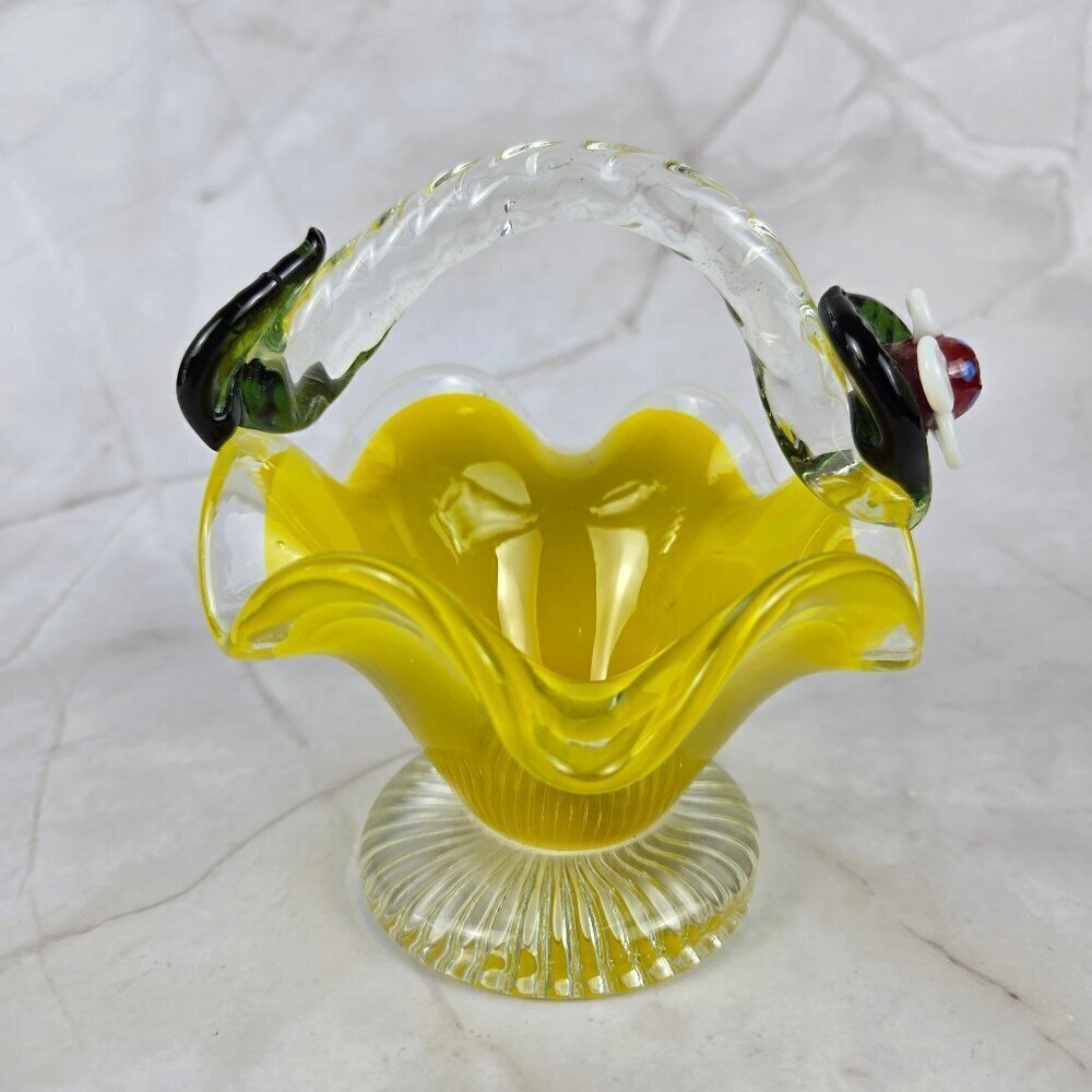 Vintage Art Glass Yellow Basket with Handle Leaves Flower Embellishment Handmade